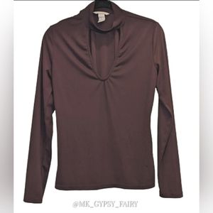 H&M Dark Purple Blouse Choker Neck Long Sleeve Deep V Top Size Medium